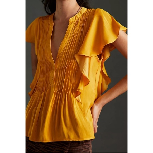 ANTHROPOLOGIE Pleated Ruffled Pintucked Blouse Silky V-neck Top Mango Size M NWT - Picture 5 of 8